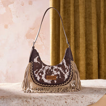 Load image into Gallery viewer, Wrangler Cow Print Fringe Shoulder Hobo Bag - Coffee
