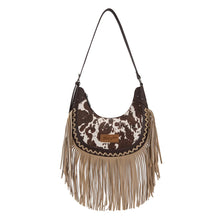 Load image into Gallery viewer, Wrangler Cow Print Fringe Shoulder Hobo Bag - Coffee
